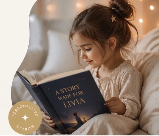 A child reading a personalized OUME storybook in warm window light