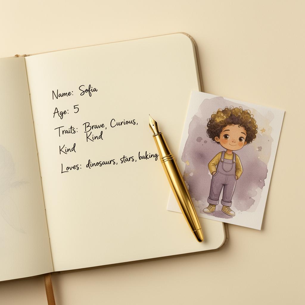 Notebook with personalization notes and a watercolor character sheet